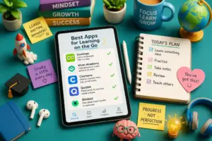 Editorial illustration showing best apps for learning on the go