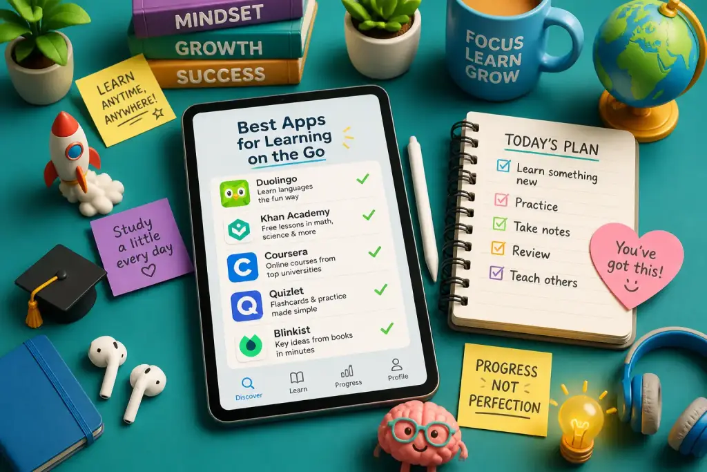 Editorial illustration showing best apps for learning on the go