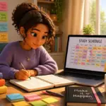 A student creating a study schedule on a bright desk with colorful notes and a laptop