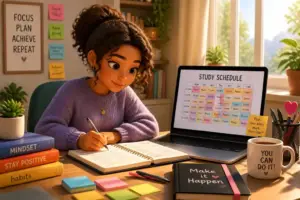 A student creating a study schedule on a bright desk with colorful notes and a laptop