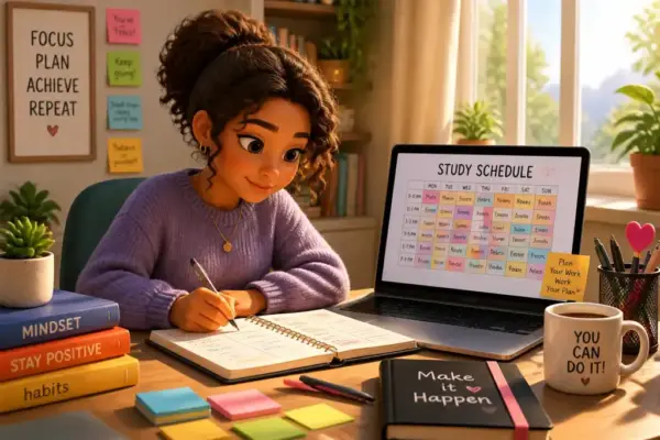 A student creating a study schedule on a bright desk with colorful notes and a laptop