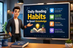Editorial illustration showing daily reading habits to boost knowledge