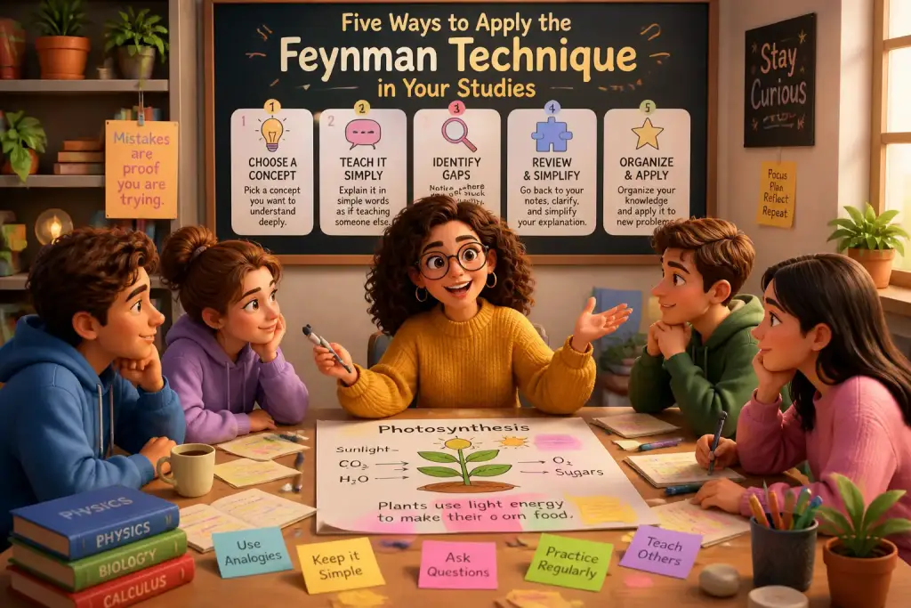 Student explaining a concept using the Feynman Technique in a study group. 