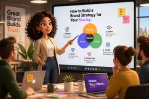 A diverse team collaborating on a brand strategy in a modern workspace