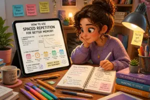 Student using spaced repetition in a study session with a notebook and tablet