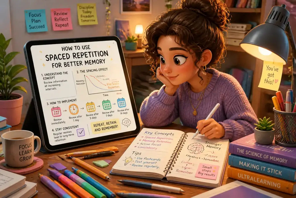 Student using spaced repetition in a study session with a notebook and tablet