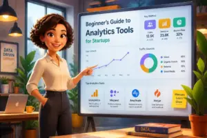 A diverse group analyzing data on a large interactive screen together in a modern office setting