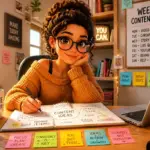 A person brainstorming content ideas in a bright office with a notebook and laptop