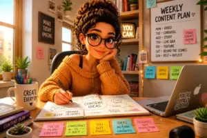 A person brainstorming content ideas in a bright office with a notebook and laptop