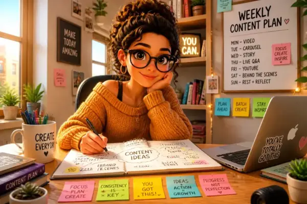 A person brainstorming content ideas in a bright office with a notebook and laptop