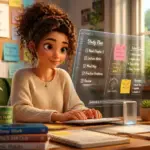 A young woman with curly hair, wearing a cozy sweater, sits at a