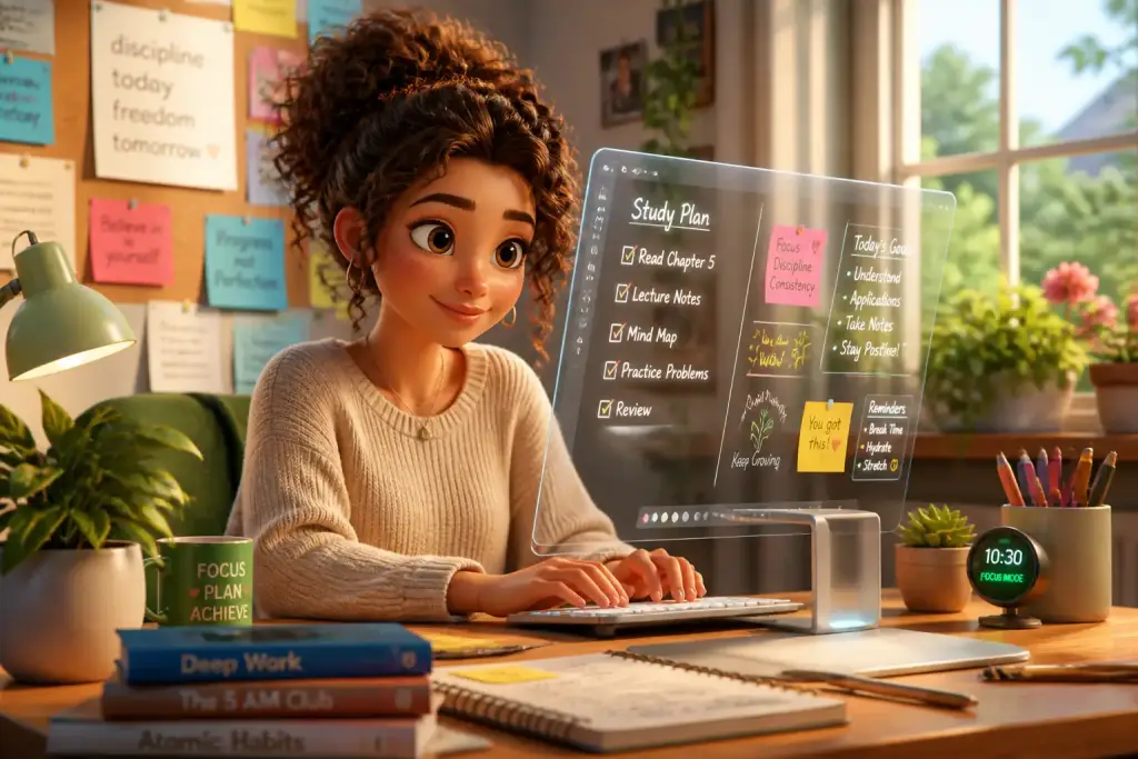 A young woman with curly hair, wearing a cozy sweater, sits at a