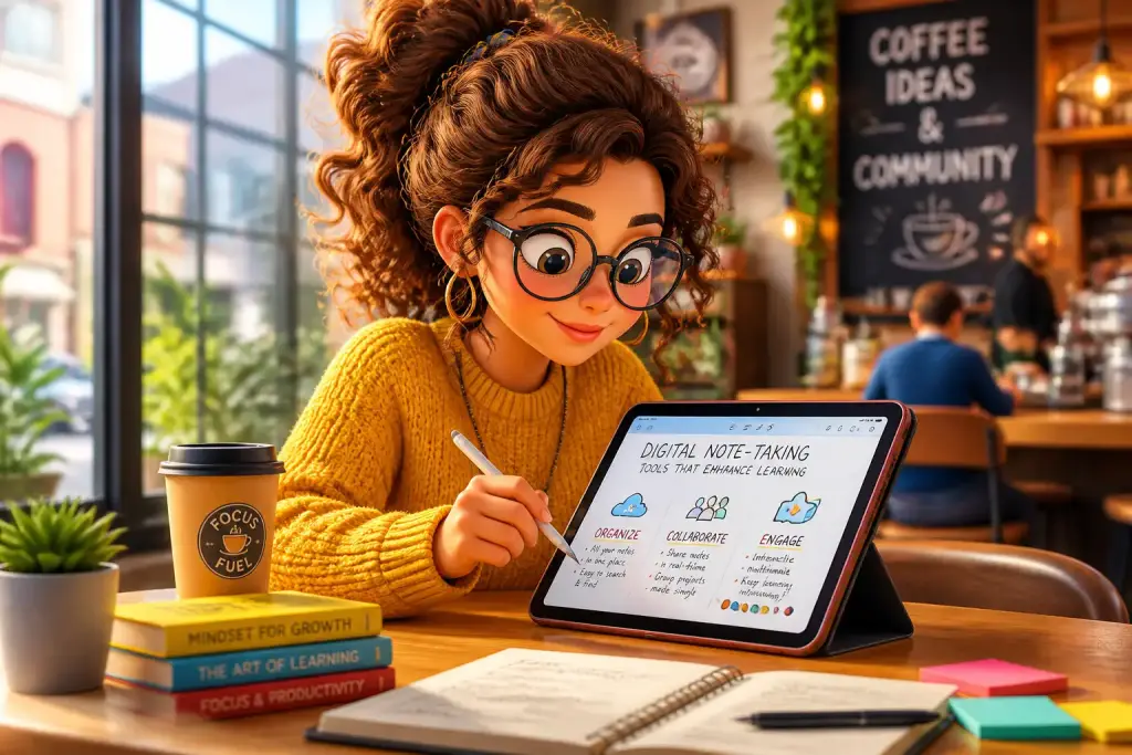 Student using digital tools for effective note-taking in a modern classroom setting