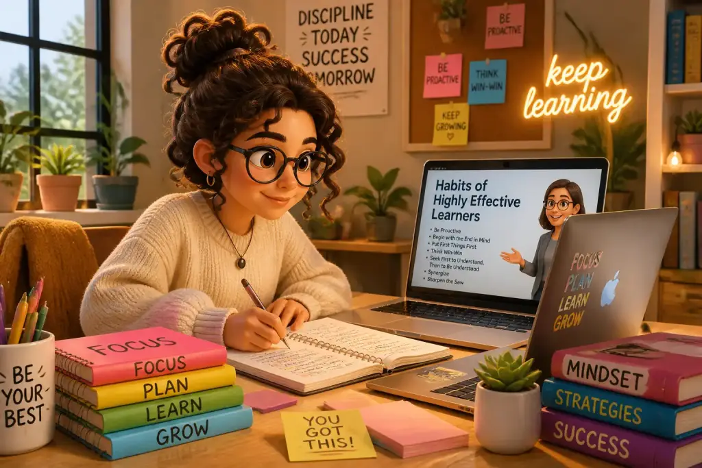 A student engaging in focused study habits in a bright, organized workspace