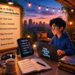 Editorial illustration showing how to build a consistent learning routine