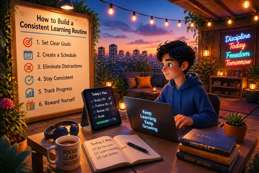 Editorial illustration showing how to build a consistent learning routine