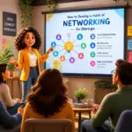 A diverse group of startup founders networking and collaborating in a modern office space