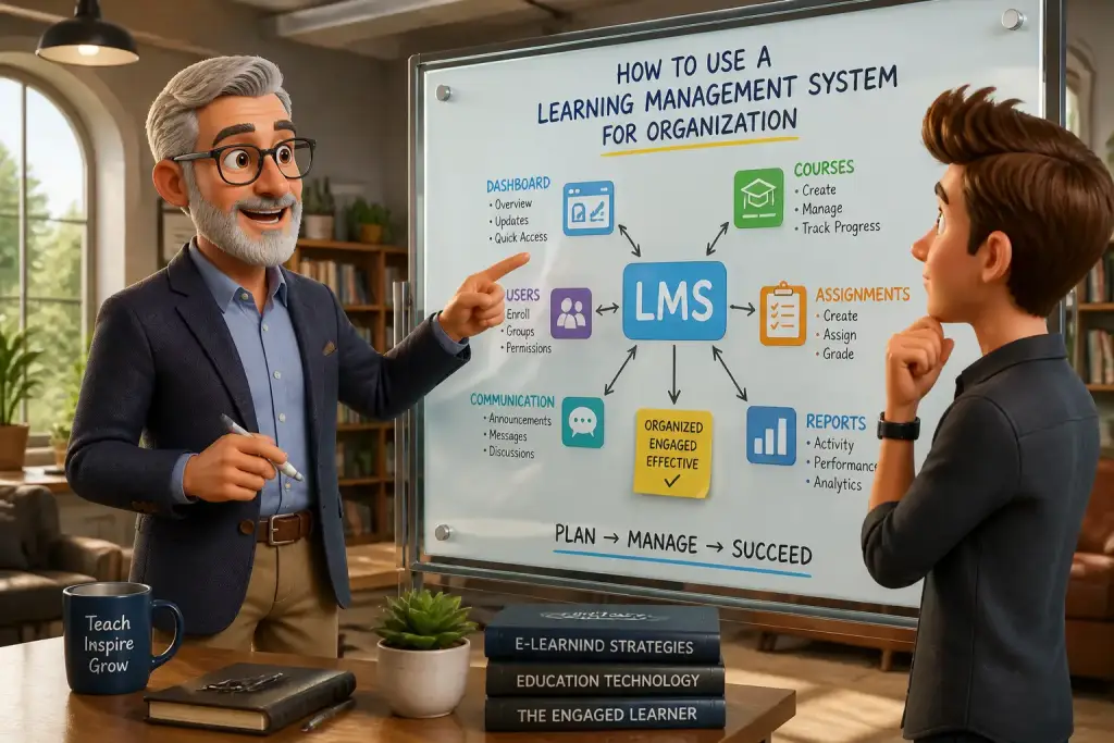 Editorial illustration showing how to use a learning management system for organization