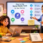 A diverse team using social media tools to boost startup presence