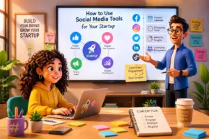 A diverse team using social media tools to boost startup presence