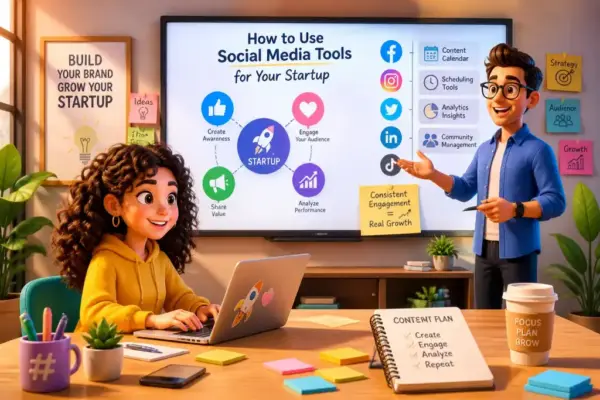 A diverse team using social media tools to boost startup presence