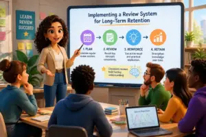 Group of diverse professionals collaborating on a review system presentation
