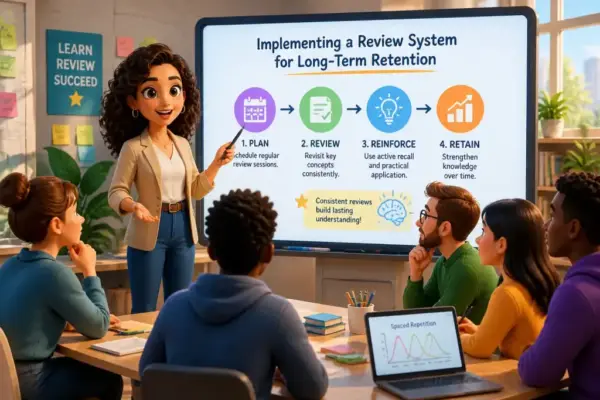 Group of diverse professionals collaborating on a review system presentation