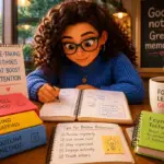 A student taking notes in a colorful notebook at a cozy cafe
