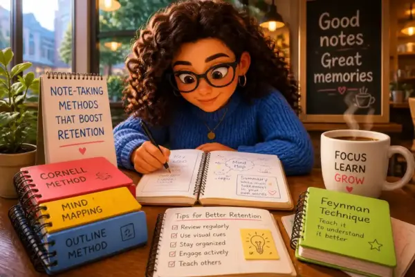A student taking notes in a colorful notebook at a cozy cafe