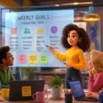 Marketing team brainstorming over weekly goals with digital tools and notes