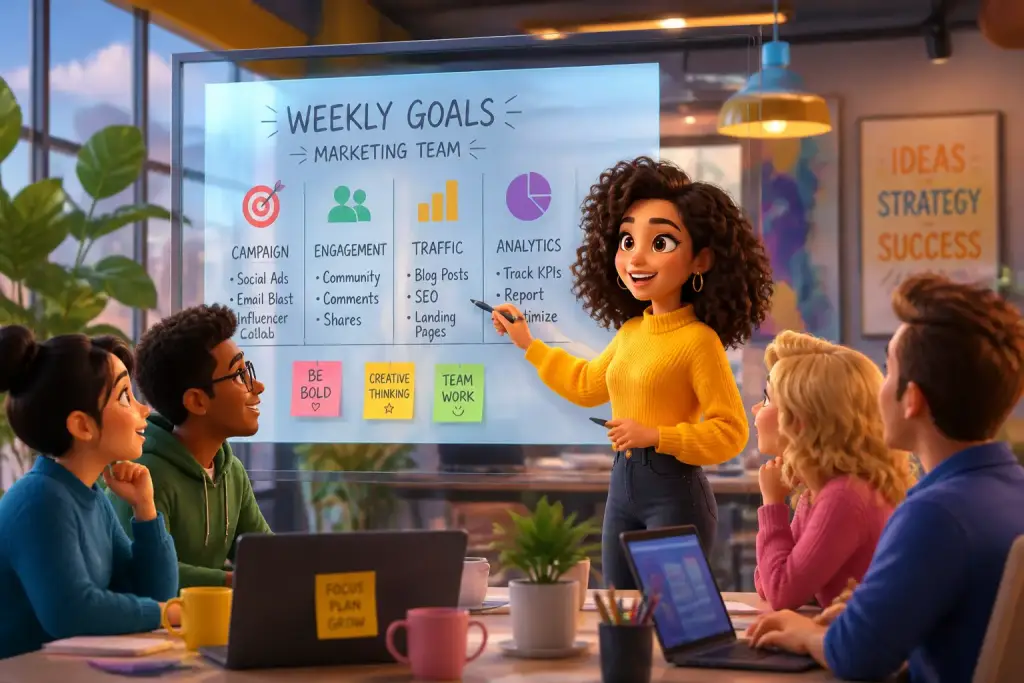 Marketing team brainstorming over weekly goals with digital tools and notes