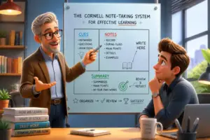 Editorial illustration showing the cornell note-taking system for effective learning