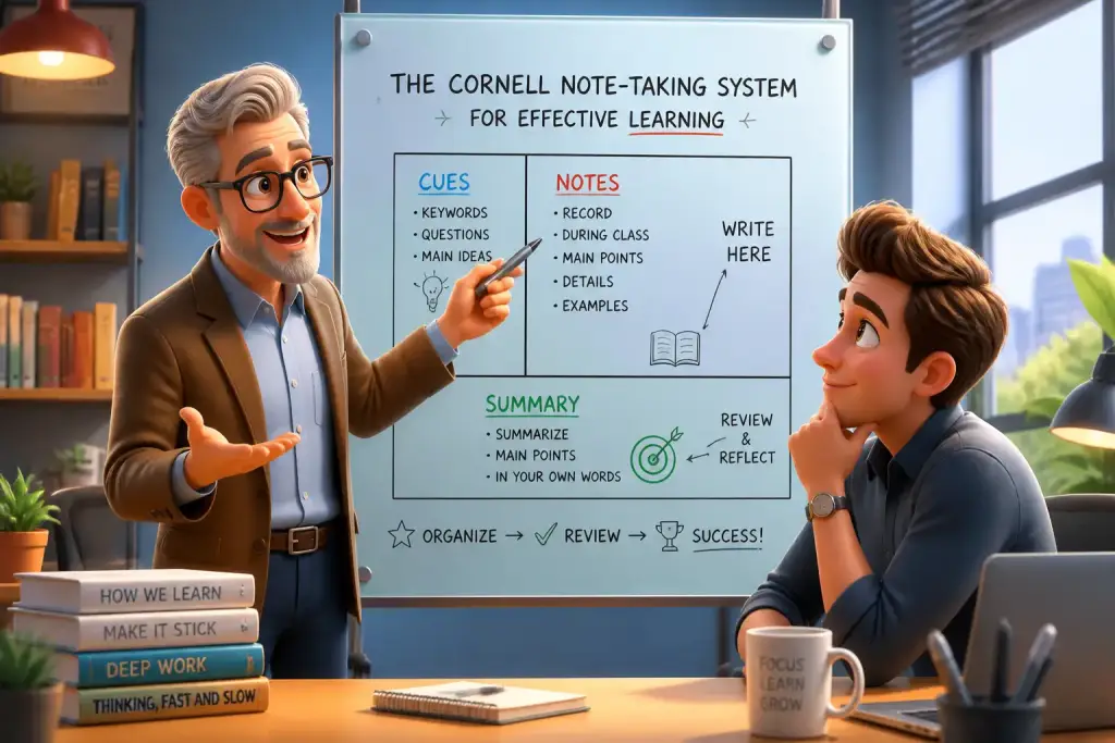 Editorial illustration showing the cornell note-taking system for effective learning