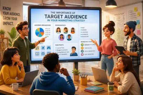 A marketing team collaborating on target audience insights and strategies