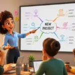 A colorful mind map on a large interactive display in a modern workspace