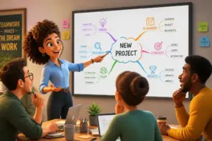 A colorful mind map on a large interactive display in a modern workspace