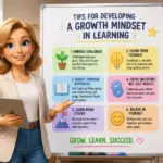 Editorial illustration showing tips for developing a growth mindset in learning