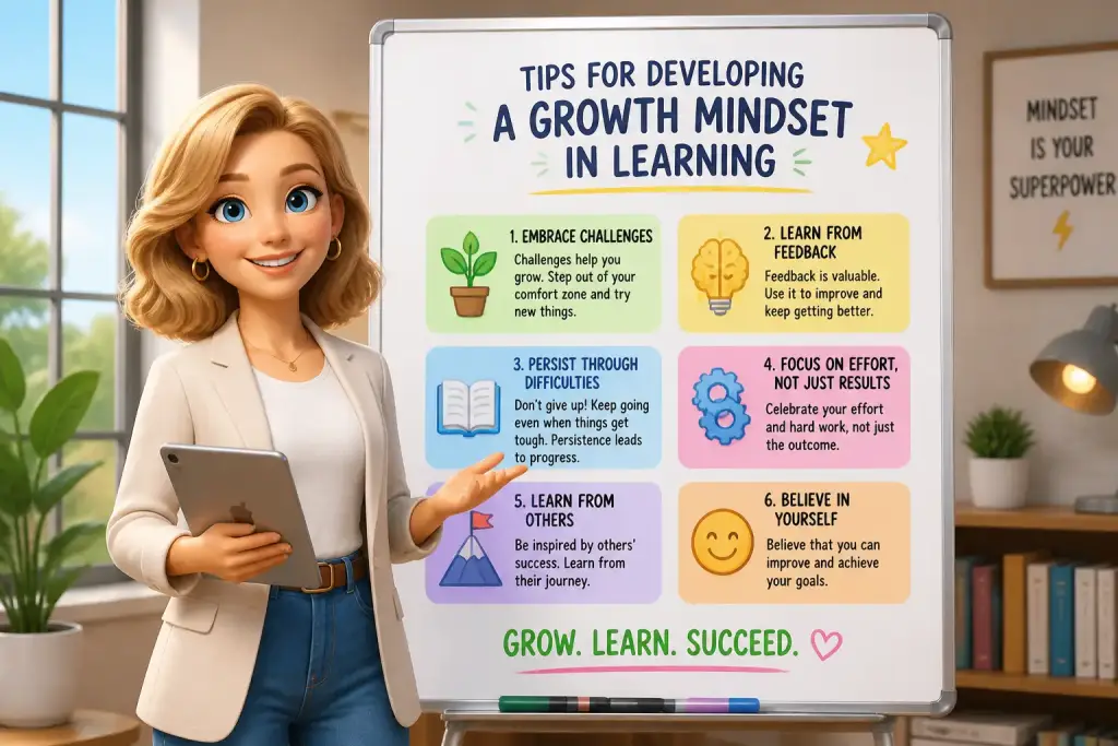 Editorial illustration showing tips for developing a growth mindset in learning