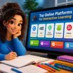 A student engaging with an interactive learning platform on a large screen
