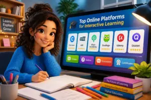 A student engaging with an interactive learning platform on a large screen