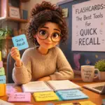 A student reviewing colorful flashcards in a bright study room