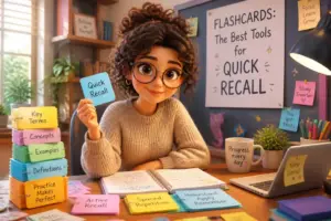 A student reviewing colorful flashcards in a bright study room