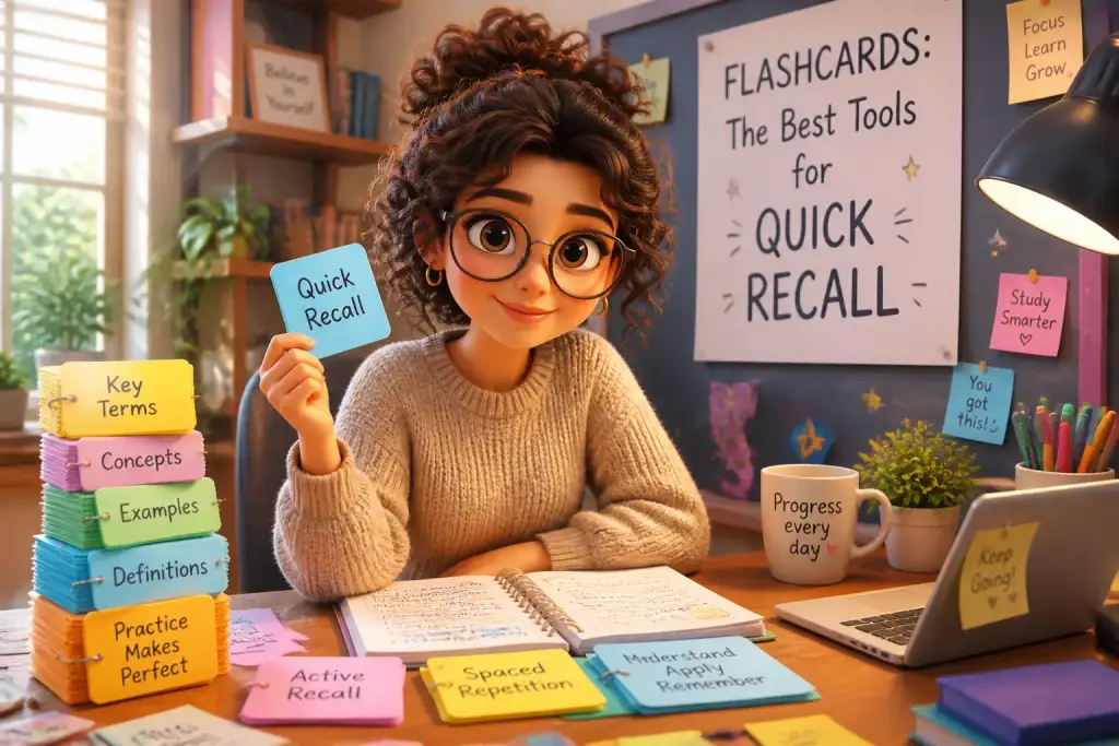 A student reviewing colorful flashcards in a bright study room