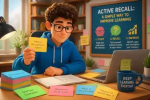 Student engaging in active recall study techniques with flashcards