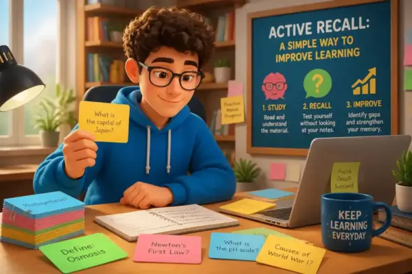 Student engaging in active recall study techniques with flashcards