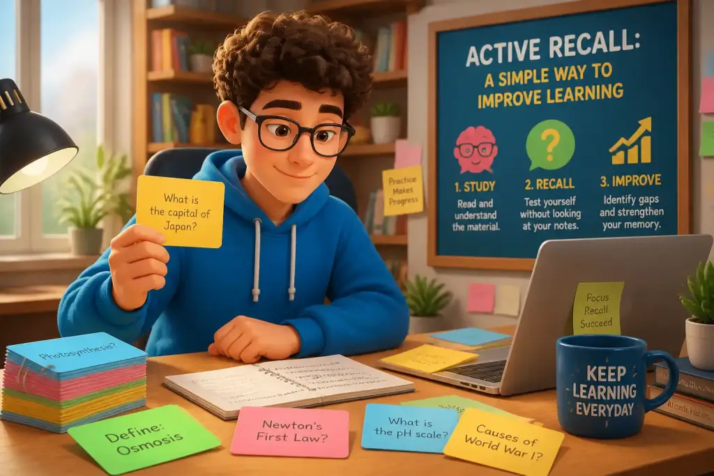 Student engaging in active recall study techniques with flashcards