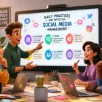 Team collaborating on social media strategies with digital tools and analytics
