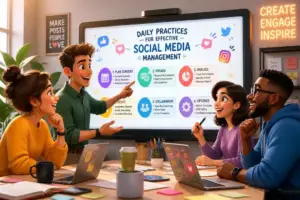 Team collaborating on social media strategies with digital tools and analytics