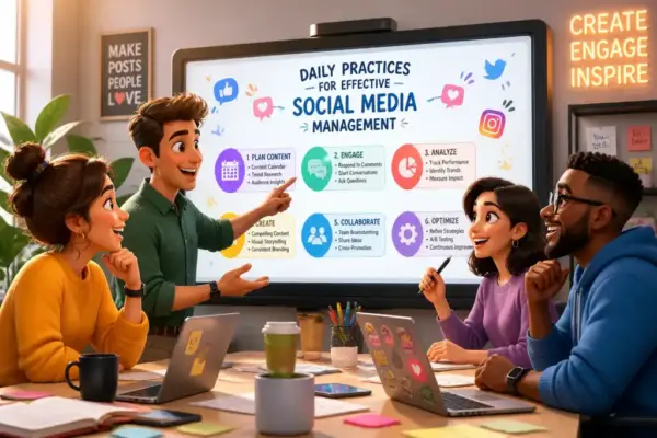 Team collaborating on social media strategies with digital tools and analytics