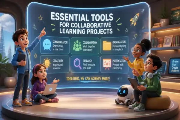 Editorial illustration showing essential tools for collaborative learning projects